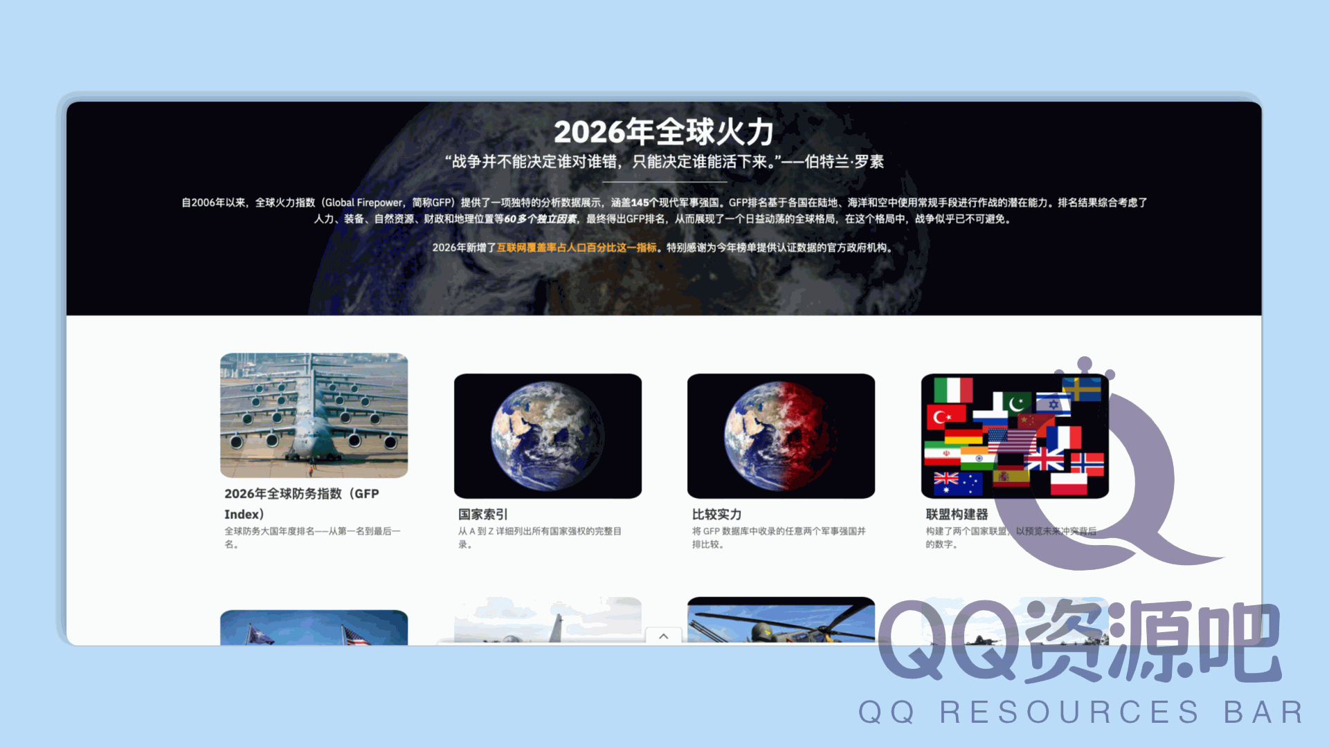 Global Firepower：全球军事实力年度排名网站，通过分析超过 60 个因素，常规军事力量进行综合评估和排名