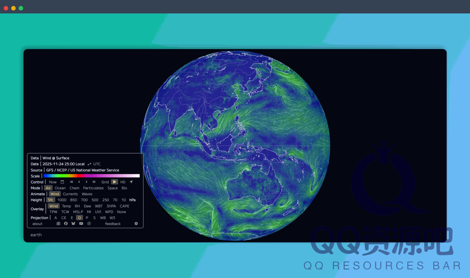 Earth Nullschool:这个网站让你用上帝视角看地球,可看到全球的风向流动、洋流的走向、气温的变化,还能追踪污染物的扩散路径