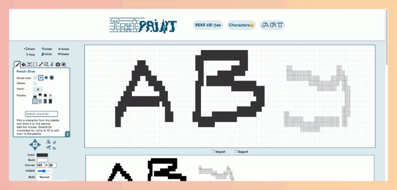 TextPaint:免费的在线文本艺术编辑器,用各种字符、符号和表情像画画一样创作出酷炫的文字图案、ASCII 艺术作品
