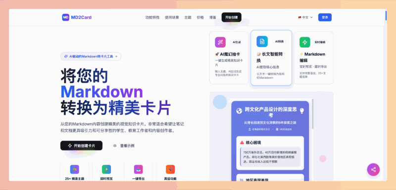 MD2Card:一款在线工具,可以将Markdown笔记一键转换成精美卡片,支持30多种主题样式和AI加持的智能功能