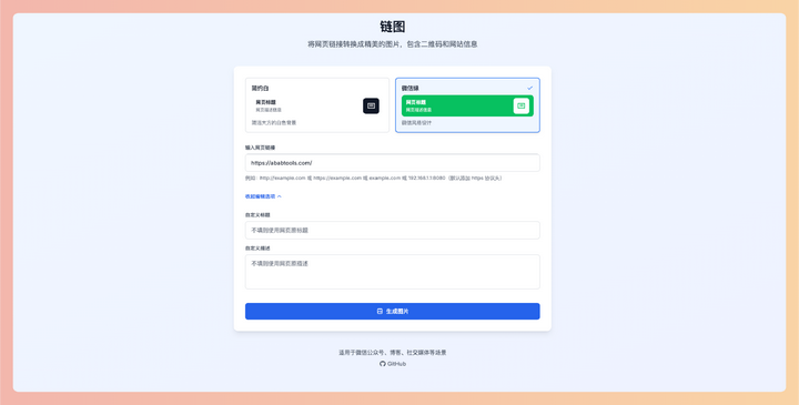 链图:一款在线链接转图片工具,可以将网页链接转换成精美的图片,包含二维码和网站信息,方便在微信、博客等平台分享