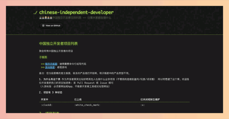 中国独立开发者项目列表：汇聚了各类开发者独立项目，帮助开发者展示创意、交流经验，激发灵感，促进合作