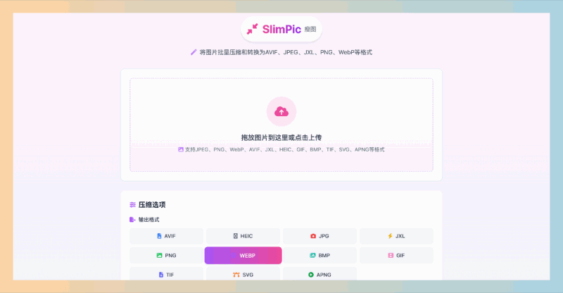 瘦图SlimPic:完全免费的批量图片压缩转换工具,支持多种图片格式的批量压缩和转换,所有处理在浏览器中完成