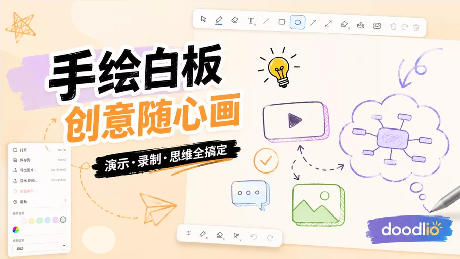 Doodlio涂鸦板：一款手绘风格的在线白板，集成思维导图、演示文稿、屏幕录制、摄像头捕捉、图层管理