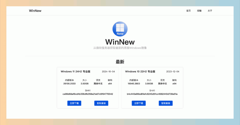 WinNew：一个提供来自Windows更新服务器的纯净直链下载站，让用户轻松获取最新无修改的Windows系统镜像