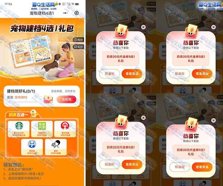 平安好车主宠物建档 奶茶20元代金券五选一